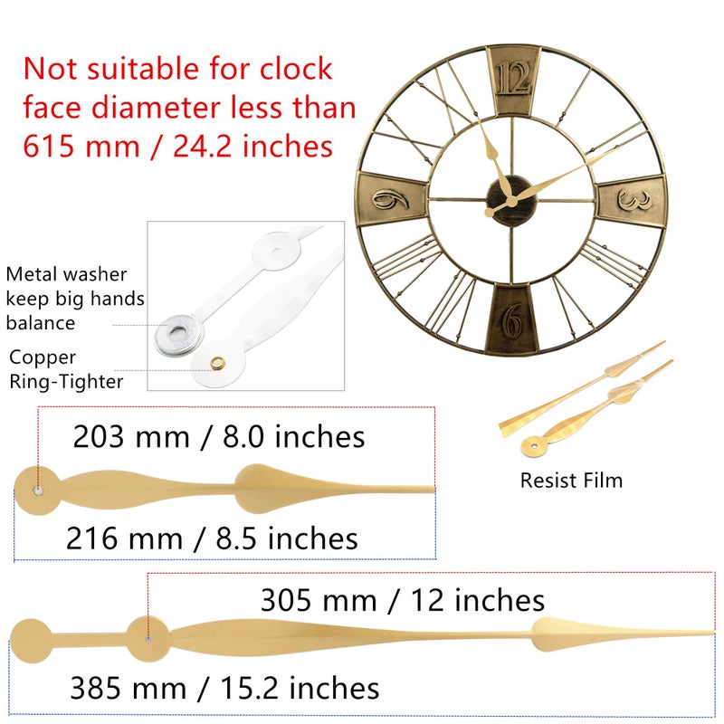 TIKROUND Youngtown 12888 High Torque Long Shaft Clock Movement Mechanism with 12 Inch Long Spade Hands Total Shaft Length 1-3/32 inches(Gold Hands) - Image 3